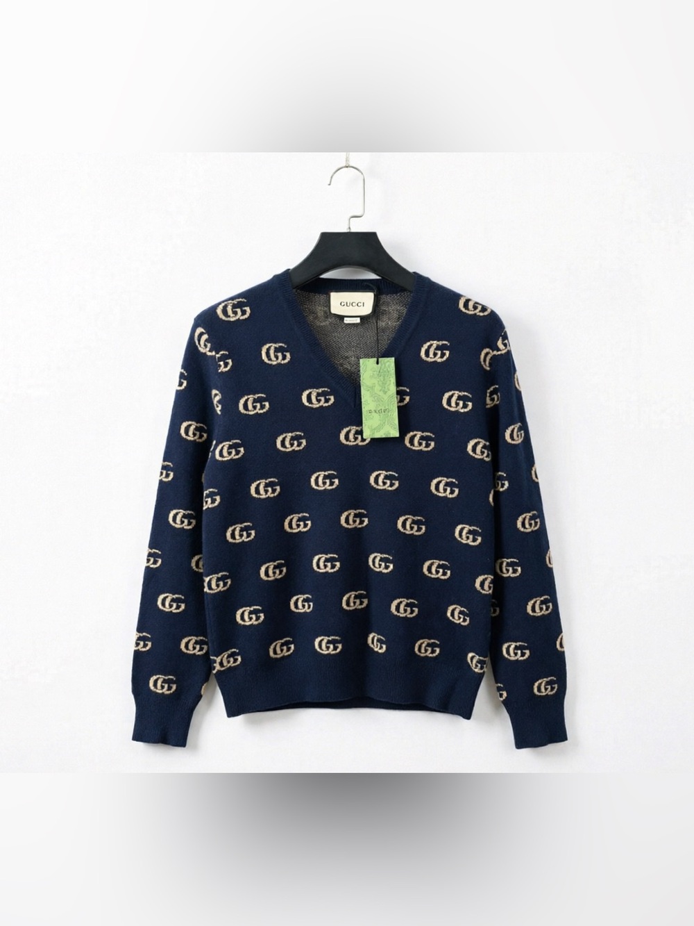 🚩steal Gucci Navy V-Neck Sweater with Beige GG Monogram
